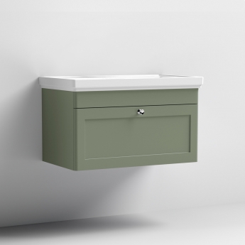 Nuie Classique Wall Hung 1-Drawer Vanity Unit with Traditional Basin 800mm Wide Satin Green - 0 Tap Hole