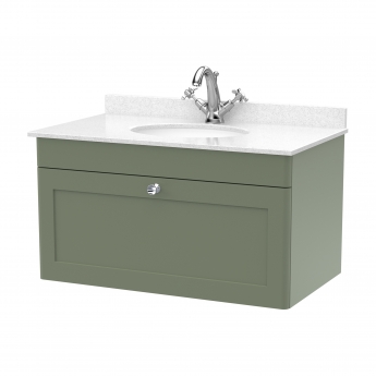 Nuie Classique Wall Hung 1-Drawer Vanity Unit with 1TH White Round Marble Top Basin 800mm Wide - Satin Green