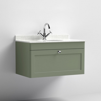 Nuie Classique Wall Hung 1-Drawer Vanity Unit with 1TH White Round Marble Top Basin 800mm Wide - Satin Green