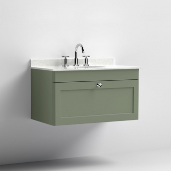 Nuie Classique Wall Hung 1-Drawer Vanity Unit with 3TH White Round Marble Top Basin 800mm Wide - Satin Green