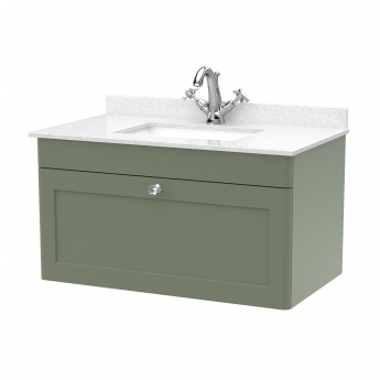 Nuie Classique Wall Hung 1-Drawer Vanity Unit with 1TH White Square Marble Top Basin 800mm Wide - Satin Green