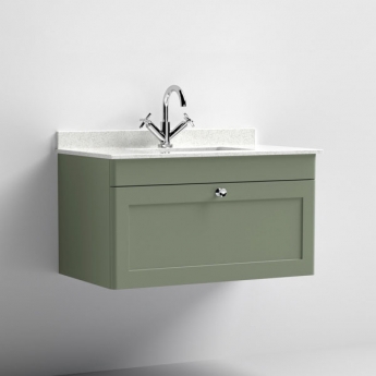 Nuie Classique Wall Hung 1-Drawer Vanity Unit with 1TH White Square Marble Top Basin 800mm Wide - Satin Green