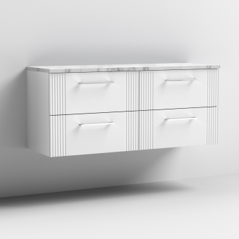 Nuie Deco Wall Hung 4-Drawer Vanity Unit with Carrera Marble Worktop 1200mm Wide - Satin White