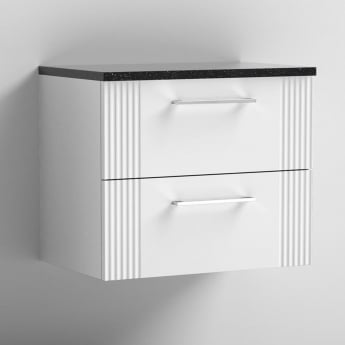 Nuie Deco Wall Hung 2-Drawer Vanity Unit with Sparkling Black Worktop 600mm Wide - Satin White