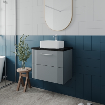 Nuie Deco Wall Hung 2-Drawer Vanity Unit with Sparkling Black Worktop 600mm Wide - Satin Blue