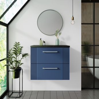 Nuie Deco Wall Hung 2-Drawer Vanity Unit with Sparkling Black Worktop 600mm Wide - Satin Blue