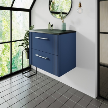 Nuie Deco Wall Hung 2-Drawer Vanity Unit with Sparkling Black Worktop 600mm Wide - Satin Blue