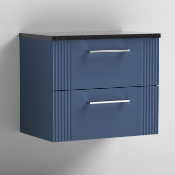 Nuie Deco Wall Hung 2-Drawer Vanity Unit with Sparkling Black Worktop 600mm Wide - Satin Blue