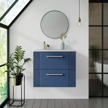 Nuie Deco Wall Hung 2-Drawer Vanity Unit with Sparkling White Worktop 600mm Wide - Satin Blue