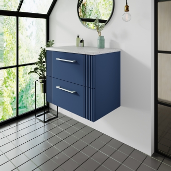 Nuie Deco Wall Hung 2-Drawer Vanity Unit with Sparkling White Worktop 600mm Wide - Satin Blue