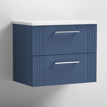 Nuie Deco Wall Hung 2-Drawer Vanity Unit with Sparkling White Worktop 600mm Wide - Satin Blue