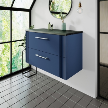 Nuie Deco Wall Hung 2-Drawer Vanity Unit with Sparkling Black Worktop 800mm Wide - Satin Blue