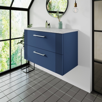 Nuie Deco Wall Hung 2-Drawer Vanity Unit with Sparkling White Worktop 800mm Wide - Satin Blue