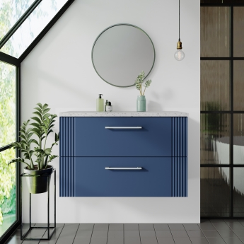 Nuie Deco Wall Hung 2-Drawer Vanity Unit with Sparkling White Worktop 800mm Wide - Satin Blue