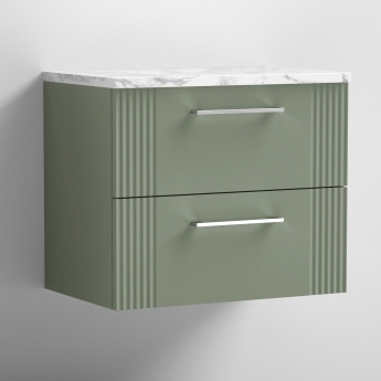 Nuie Deco Wall Hung 2-Drawer Vanity Unit with Carrera Marble Worktop 600mm Wide - Satin Green