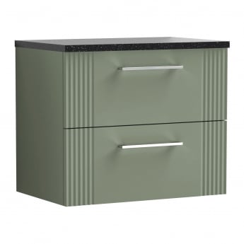 Nuie Deco Wall Hung 2-Drawer Vanity Unit with Sparkling Black Worktop 600mm Wide - Satin Green