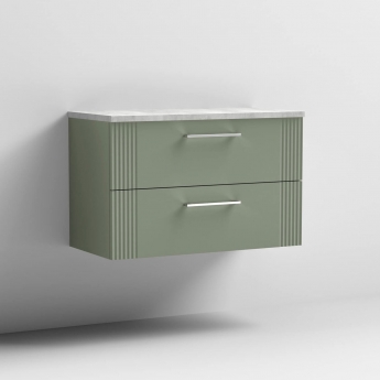 Nuie Deco Wall Hung 2-Drawer Vanity Unit with Bellato Grey Worktop 800mm Wide - Satin Green