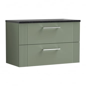 Nuie Deco Wall Hung 2-Drawer Vanity Unit with Sparkling Black Worktop 800mm Wide - Satin Green