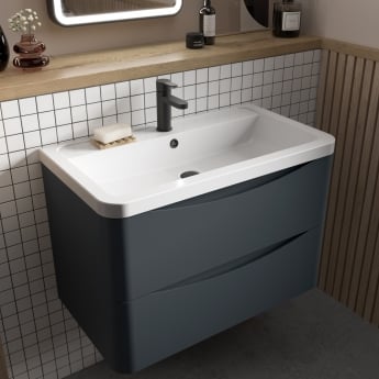 Nuie Lunar Wall Hung 2-Drawer Vanity Unit with Ceramic Basin 800mm Wide - Satin Anthracite