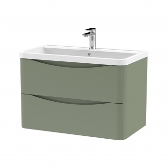 Nuie Lunar Wall Hung 2-Drawer Vanity Unit with Polymarble Basin 800mm Wide - Satin Green