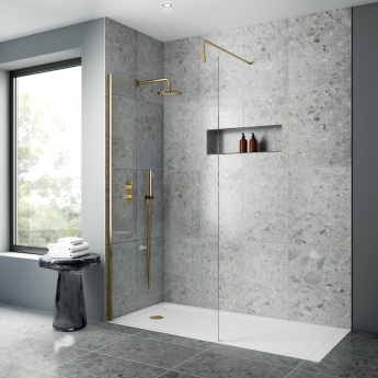 Nuie Wet Room Screen 1850mm High x 700mm Wide with Support Bar 8mm Glass - Brushed Brass