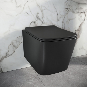 Orbit Riviera Square Rimless Wall Hung Toilet Pan with Soft Close Seat - Matte Black