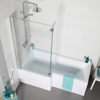 Prestige Elite L-Shaped Shower Bath with Front Panel and Hinged Screen