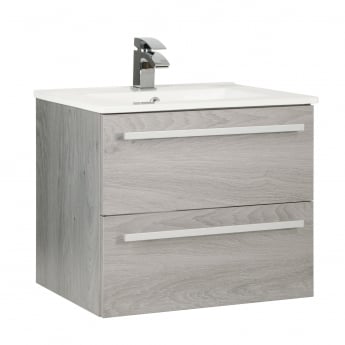 Prestige Purity 2-Drawer Wall Hung Vanity Unit with Ceramic Basin 600mm Wide - Silver Oak