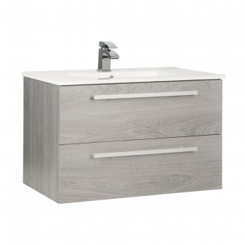 Prestige Purity 2-Drawer Wall Hung Vanity Unit with Ceramic Basin 800mm Wide - Silver Oak