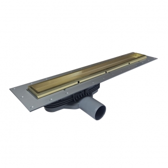 Purus Living Linear Low Wet Floor Drain 600mm Wide Brushed Brass Tile Grate