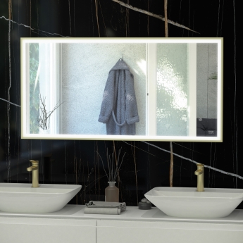 RAK Art Square LED Bathroom Mirror with Demister Pad 600mm H x 1200mm W - Brushed Gold