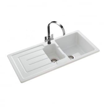 Rangemaster Austell 1.5 Bowl Ceramic Kitchen Sink with Waste Kit 1000mm L x 500mm W - White