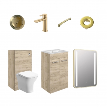 Signature Aalborg Furniture Bathroom Suite with Floor Standing Vanity Unit 510mm Wide - Oak/Brushed Brass