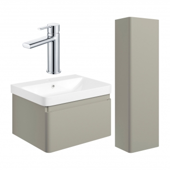 Signature Celeste Bathroom Suite with Wall Hung Vanity Unit and Tall Unit 600mm Wide - Matt Latte/Chrome