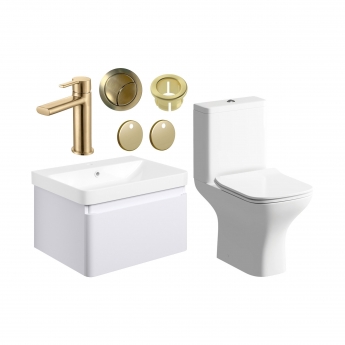 Signature Celeste Bathroom Suite with Wall Hung Vanity Unit 600mm Wide - Matt White/Brushed Brass