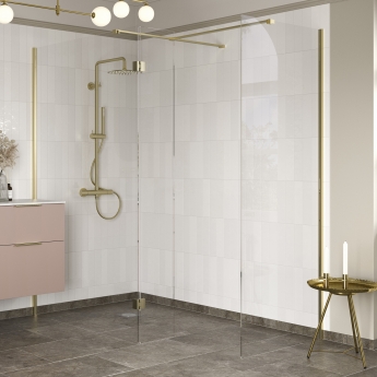 Signature Icon Brushed Brass Accent Walk-In Shower Enclosure (+ Optional Hinged Deflector)