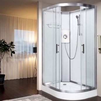 Vidalux Pure E Offset Quadrant Shower Cabin 1200mm LH with Luxury White Electric Shower 9.5 KW - White