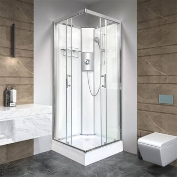 Vidalux Pure E Square Shower Cabin 800mm with Brushed Steel Electric Shower 8.5 KW - White