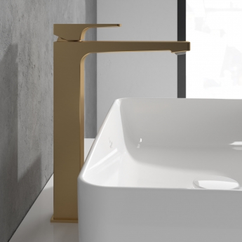 Villeroy & Boch Architectura Square Tall Basin Mixer Tap with Push Button Slotted Waste - Brushed Gold
