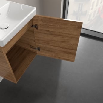 Villeroy & Boch Avento Wall Hung Vanity Unit RH with Basin 450mm Wide - Oak Kansas with Black Handle