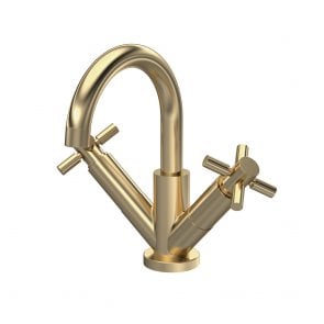 Hudson Reed Tec Crosshead Cloakroom Mono Basin Mixer Tap Dual Handle Push Button Waste - Brushed Brass