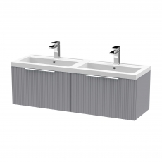 Hudson Reed Fluted Wall Hung 2-Drawer Vanity Unit with Double Polymarble Basin 1200mm Wide - Satin Grey