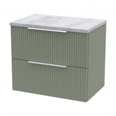 Hudson Reed Fluted Wall Hung 2-Drawer Vanity Unit with Bellato Grey Worktop 600mm Wide - Satin Green