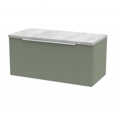 Hudson Reed Fluted Wall Hung 1-Drawer Vanity Unit with Bellato Grey Worktop 800mm Wide - Satin Green