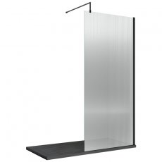 Hudson Reed Fluted Matt Black Profile Wet Room Screen with Support Bar 800mm Wide - 8mm Glass