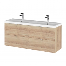 Hudson Reed Fusion Wall Hung 4-Drawer Vanity Unit with Double Ceramic Basin 1200mm Wide - Bleached Oak