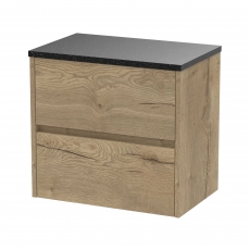 Havana Wall Hung 2-Drawer Vanity Unit with Sparkling Black Worktop 600mm Wide - Autumn Oak