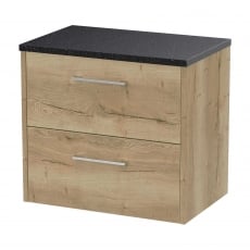 Hudson Reed Juno Wall Hung 2-Drawer Vanity Unit with Sparkling Black Worktop 600mm Wide - Autumn Oak