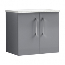 Nuie Arno Wall Hung 2-Door Vanity Unit with Sparkling White Worktop 600mm Wide - Satin Grey