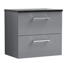 Nuie Arno Wall Hung 2-Drawer Vanity Unit with Bellato Grey Worktop 600mm Wide - Satin Grey